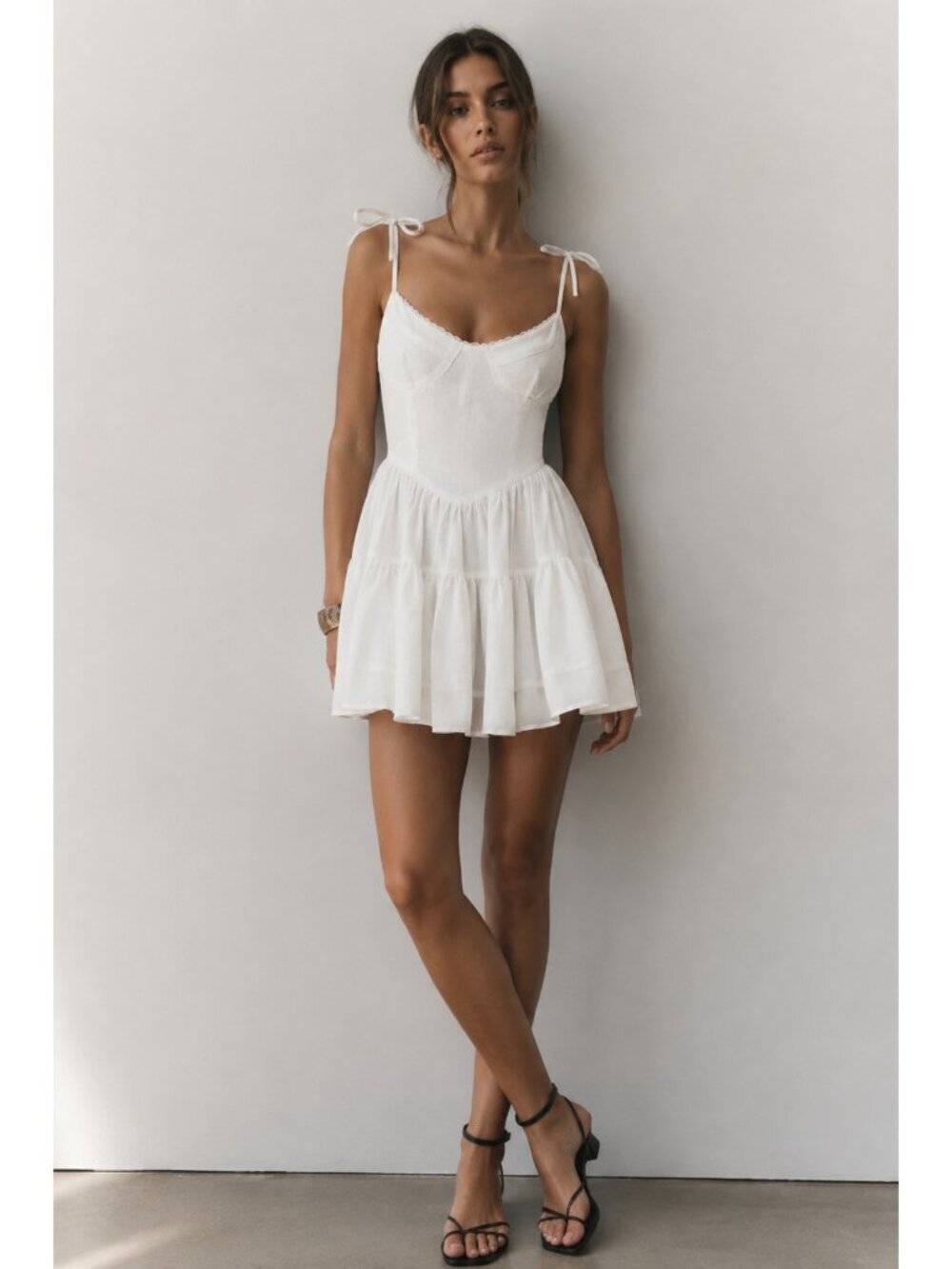 Tiger Mist Bijou White Mini Dress XS Tie Shoulder Bustier Babydoll Cottagecore